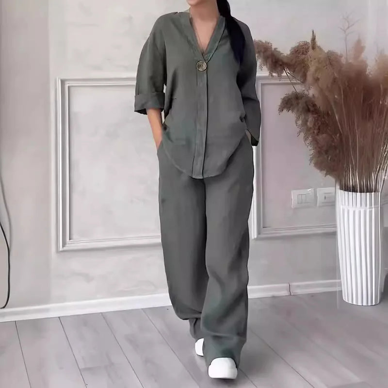 Cotton Linen Long Sleeve Button Loose Blouse Shirt & High Elastic Wide Leg Loose Pant