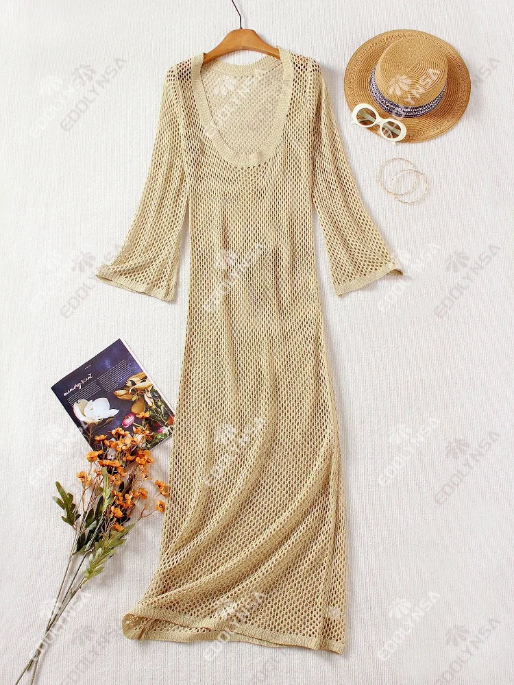 Sexy U-neck Bell Sleeve Knit Swimwear Bikinis Cover-ups