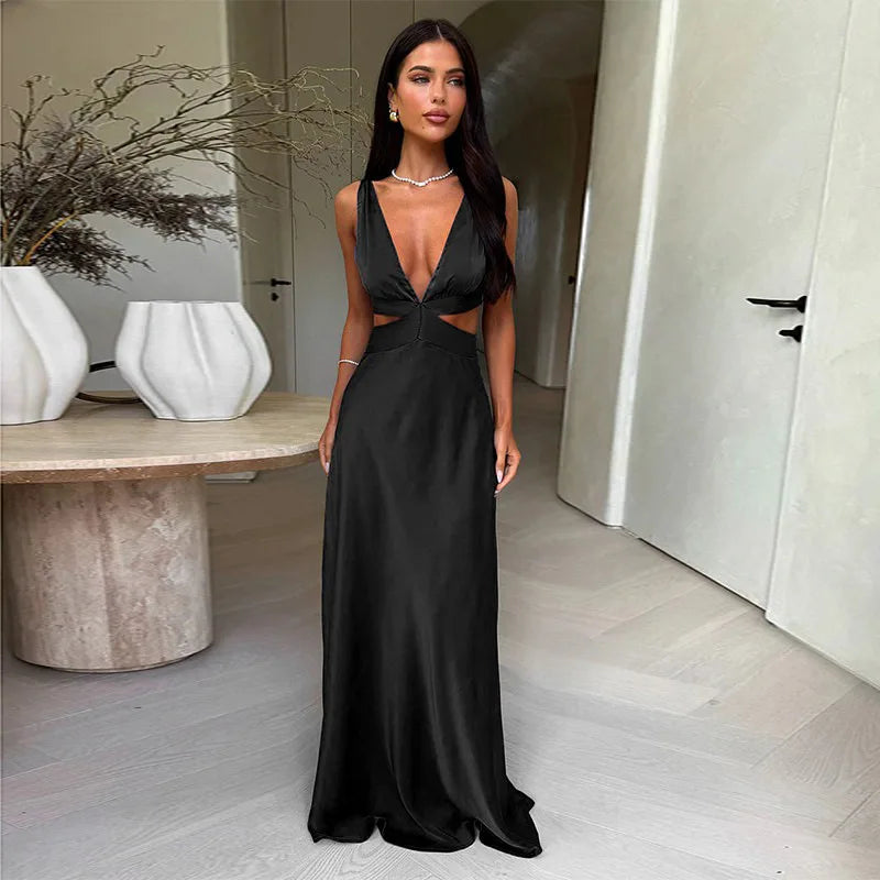 Deep V neck Hollow Sleeveless High Waist Dress