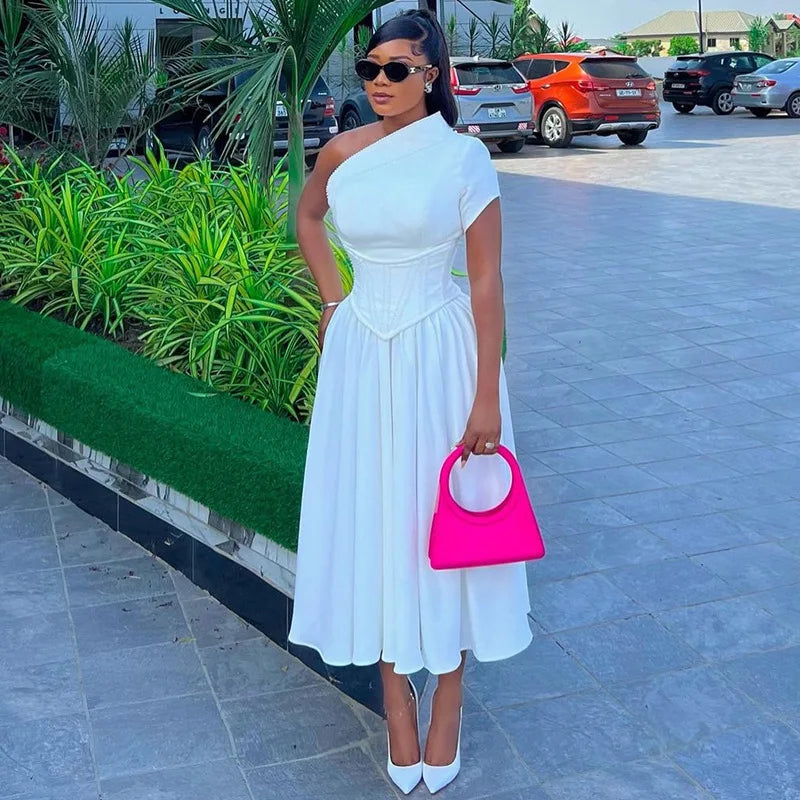 Elegant Ruched One Shoulder Lace Up Maxi Long Dress
