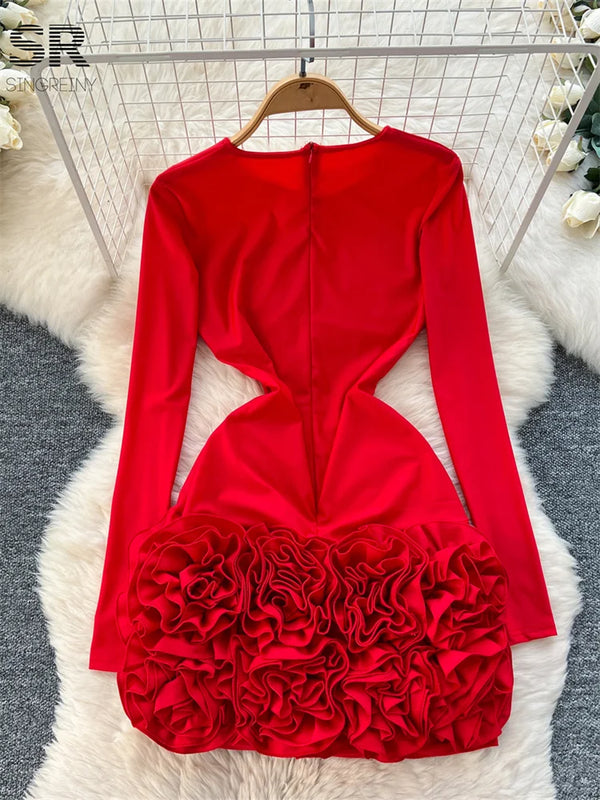 3D Flower Long Sleeve O Neck Solid Slim Dress