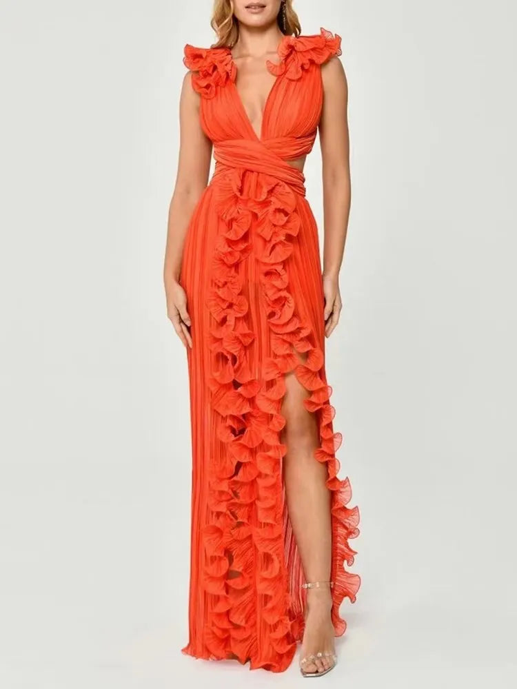 Elegant V Neck Sleeveless High Waist Patchwork Ruffles Split Dress