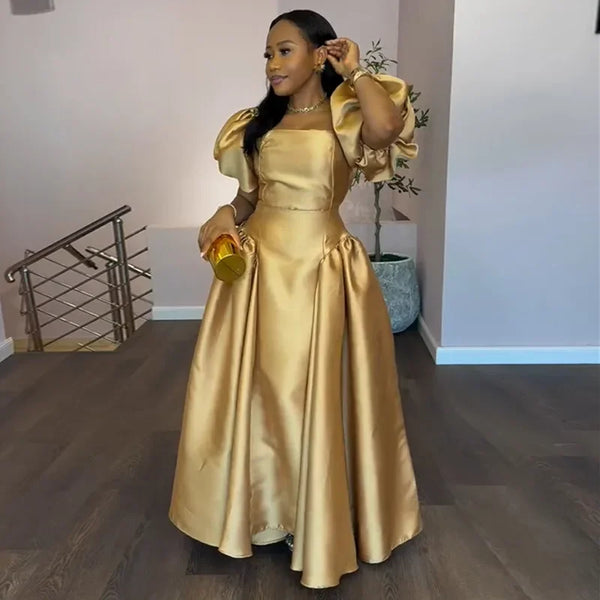 Elegant Bubble Sleeve Square Collar High Waist A- Line Long Dress