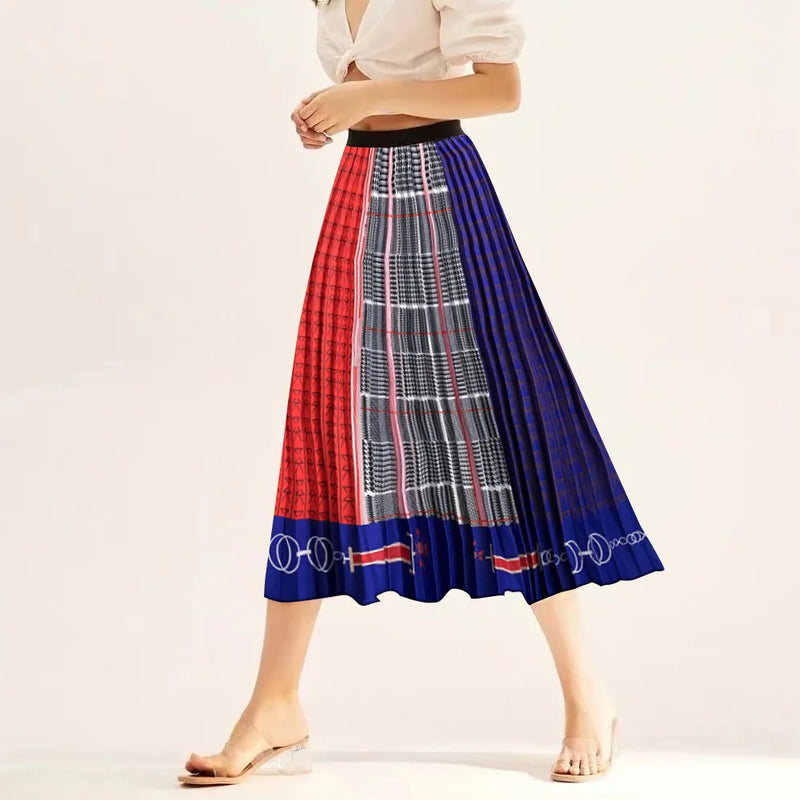 Printed elastic mid length A-line pressed pleated skirt