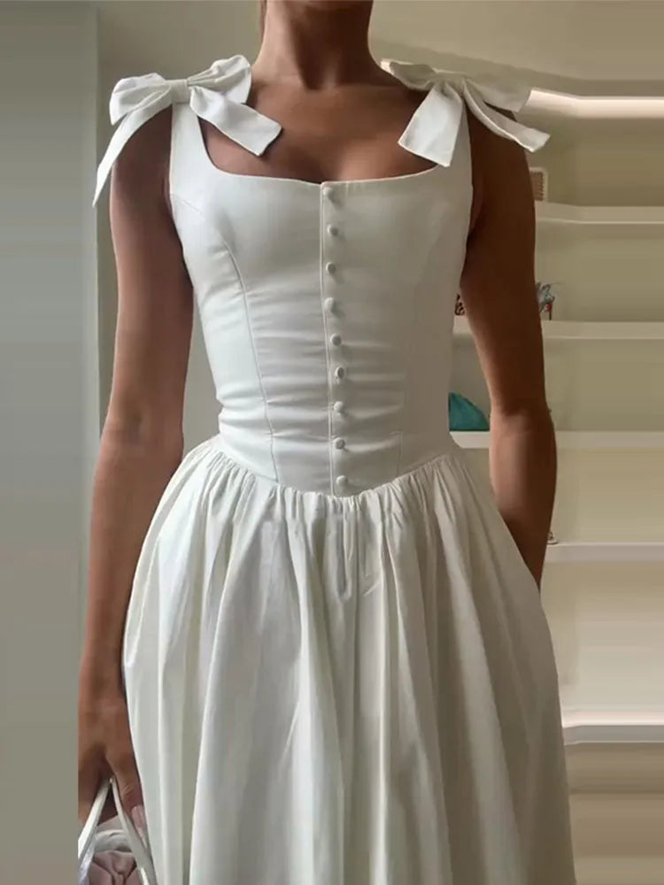 Elegant Chic Bow-tie Strap Plain Long Slim A-line Dress