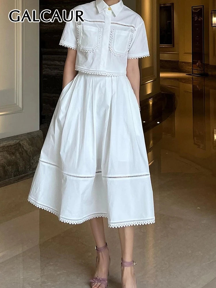Elegant Lapel Short Sleeve Top High Waist A Line Pleated Skirt