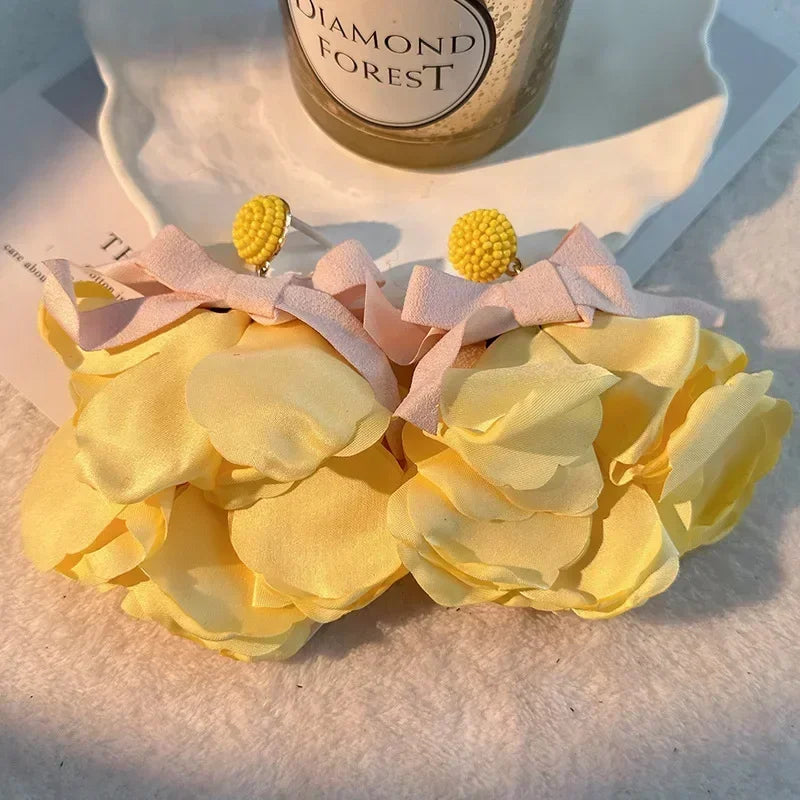 Charm Crystal Cubic Zircon Fabric Flower Big Earrings