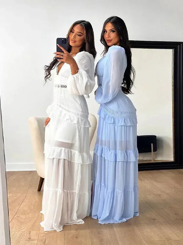 Elegant Layered Ruffles Patchwork Long Dress Chic