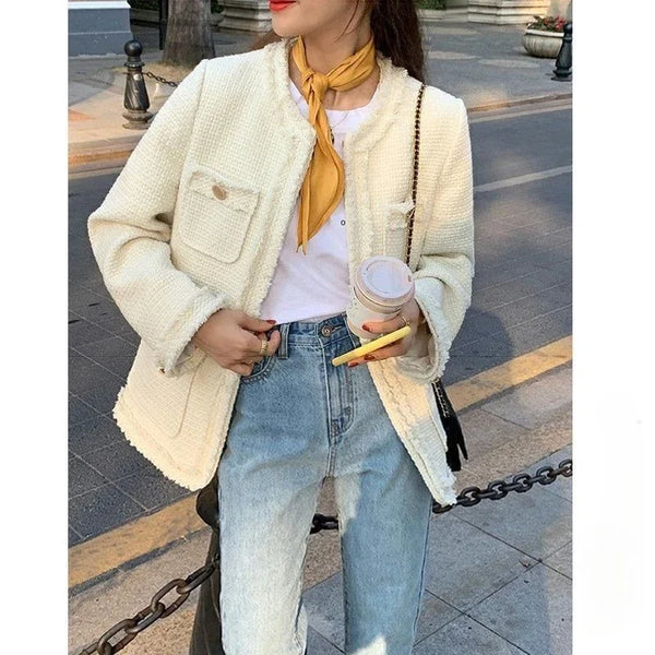 Elegant Vintage O-Neck Metal Single Breasted Cropped Coat