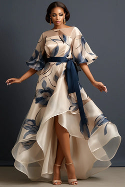 Beige Floral Round Neck Half Sleeve Organza Dress