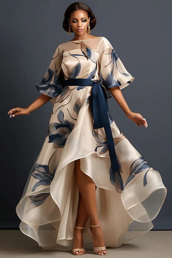 Beige Floral Round Neck Half Sleeve Organza Dress