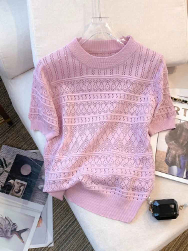 Summer Crew Neck Pullover Sweater Versatile Short Sleeve