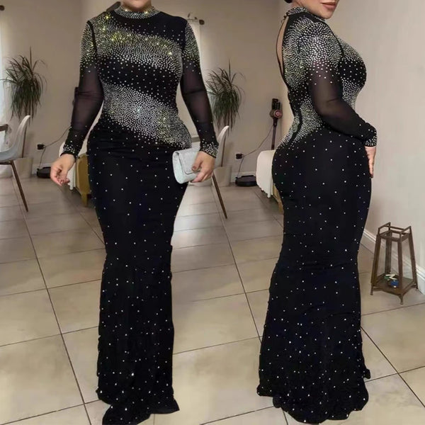High Neck Shiny Rhinestones Elegant Luxury Long Sleeve Dress
