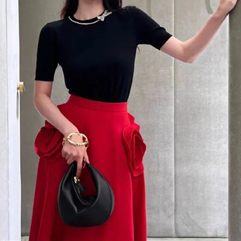 Elegant Style High-Waisted Rose Big Bloom Skirt