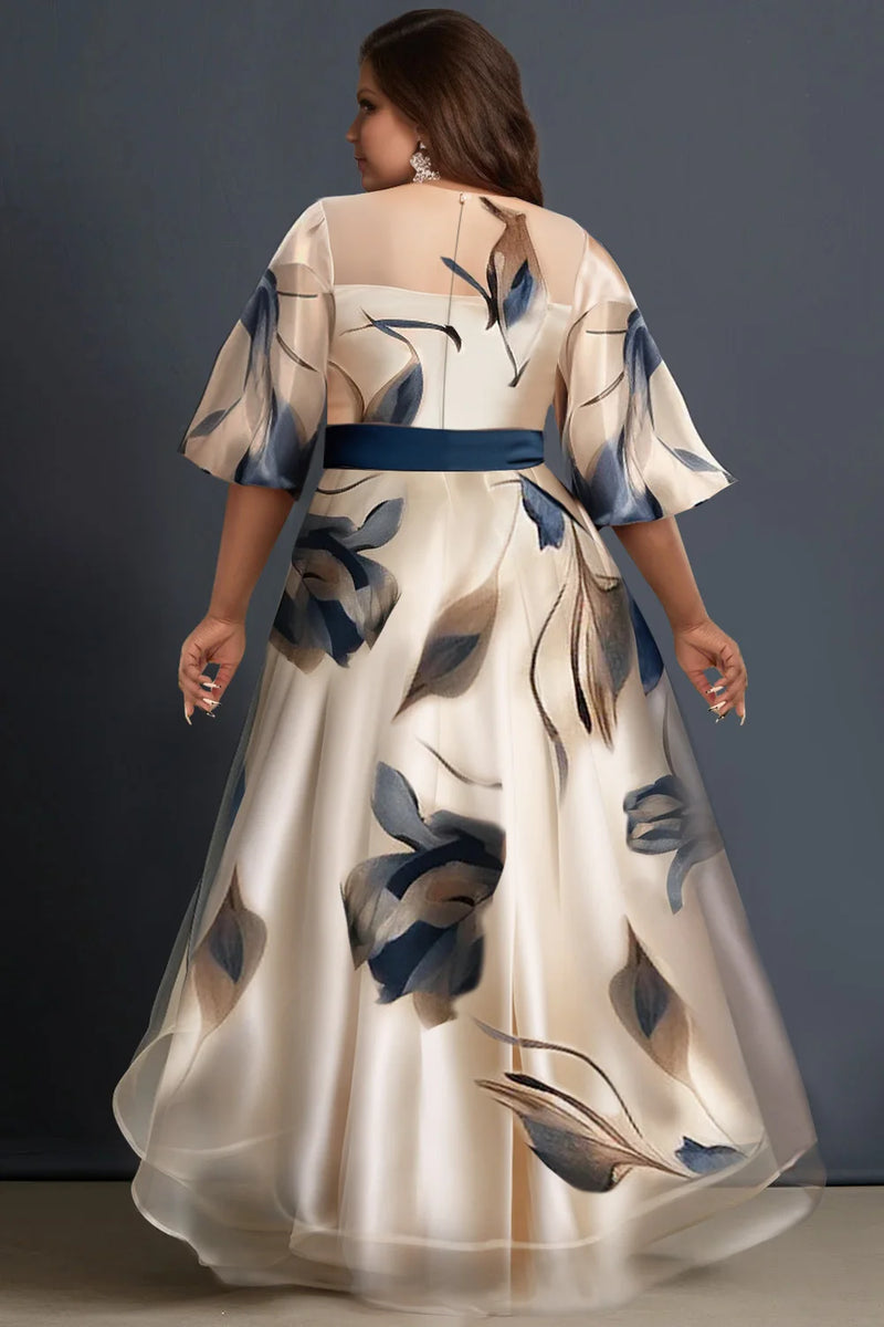 Beige Floral Round Neck Half Sleeve Organza Dress