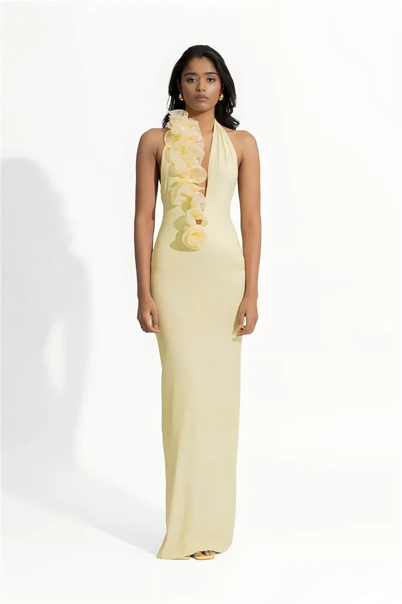 CAMINA Elegant Halter Sleeveless Backless Rose Deep V Neck Dress