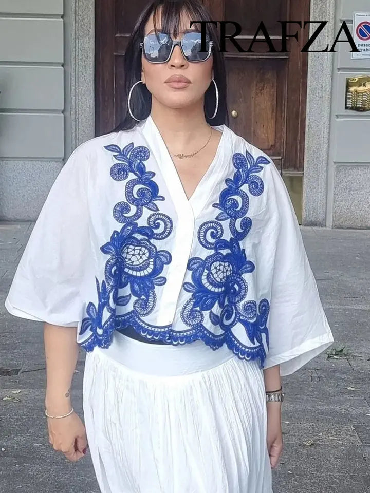 TRAFZA 2-piece Set of Blue Embroidered Single-breasted Loose Shirt + Chic High-waisted Loose Pleated Street Skirt Suit