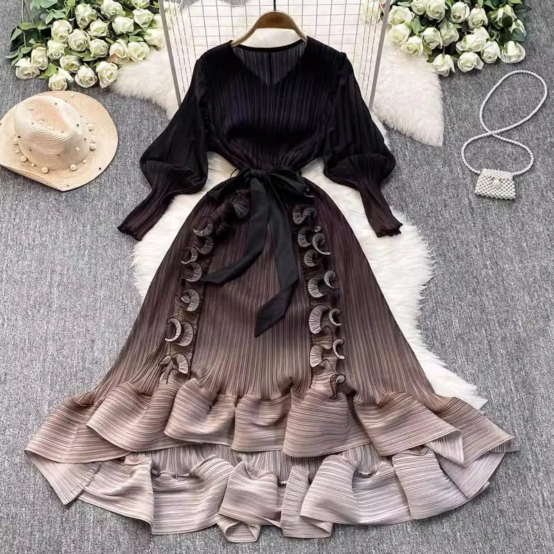 Ruffles Splice Gradient Color Pleated Dresses
