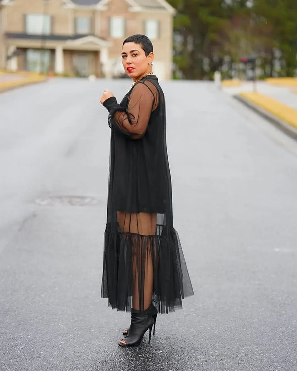 Black Mesh Ruffles Hem Long Sleeve Dress