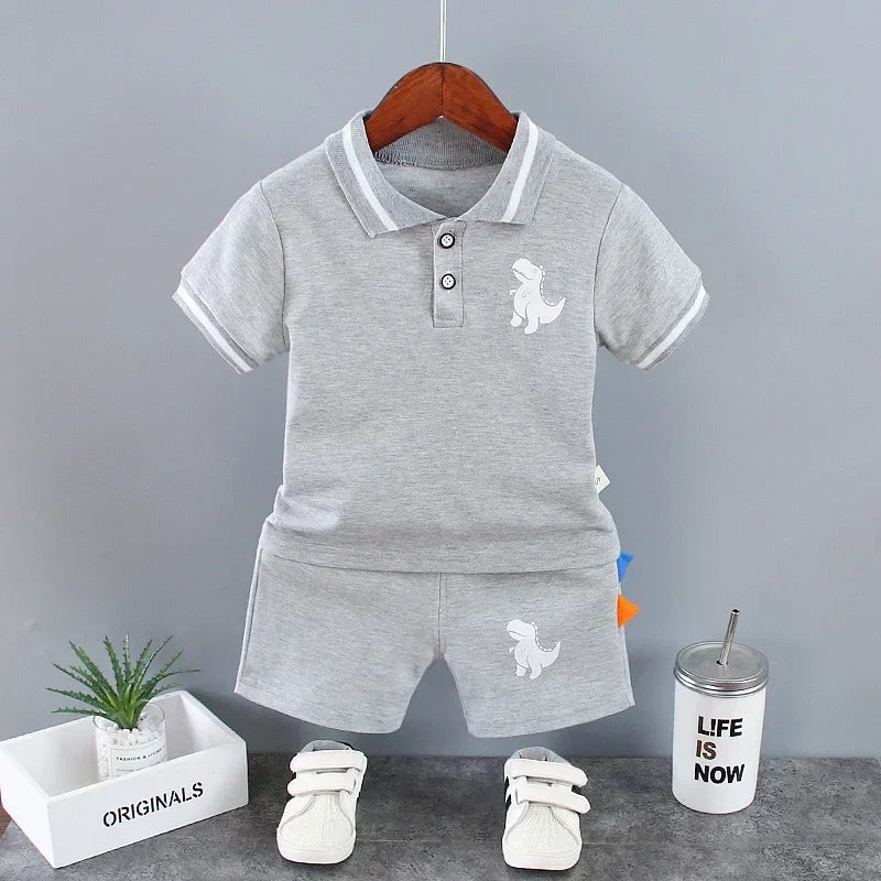 Dinosaur Turn-down Collar T-Shirts Tops+ Shorts 2PCS/Suit