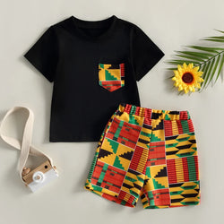African Style Casual Street Chest Pocket Shirt + Short Trousers
