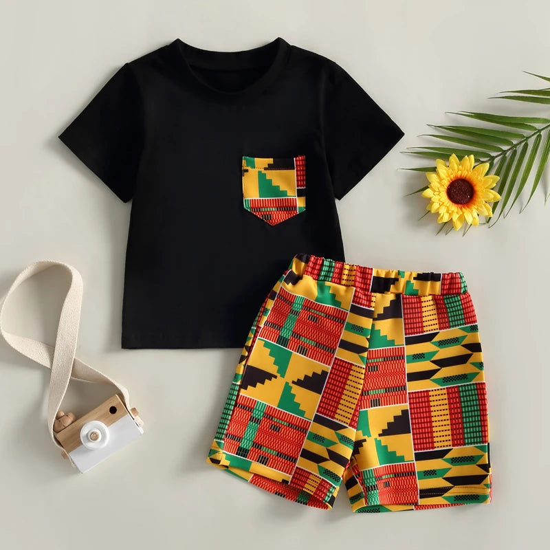 African Style Casual Street Chest Pocket Shirt + Short Trousers