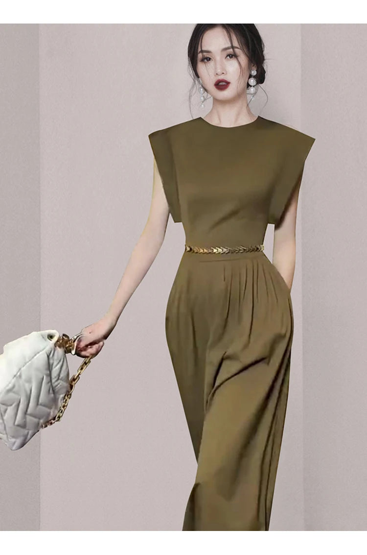 Elegant Long O Neck Sleeveless Pockets Slim Waist Dress With Belt