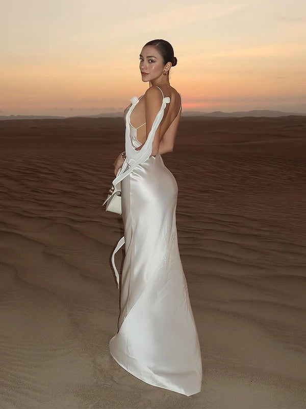Elegant Satin Strap Backless Long Dress