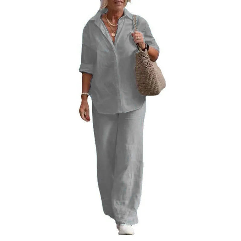 Cotton Linen Long Sleeve Blouse Shirts & High Elastic Wide Leg Trousers Suits