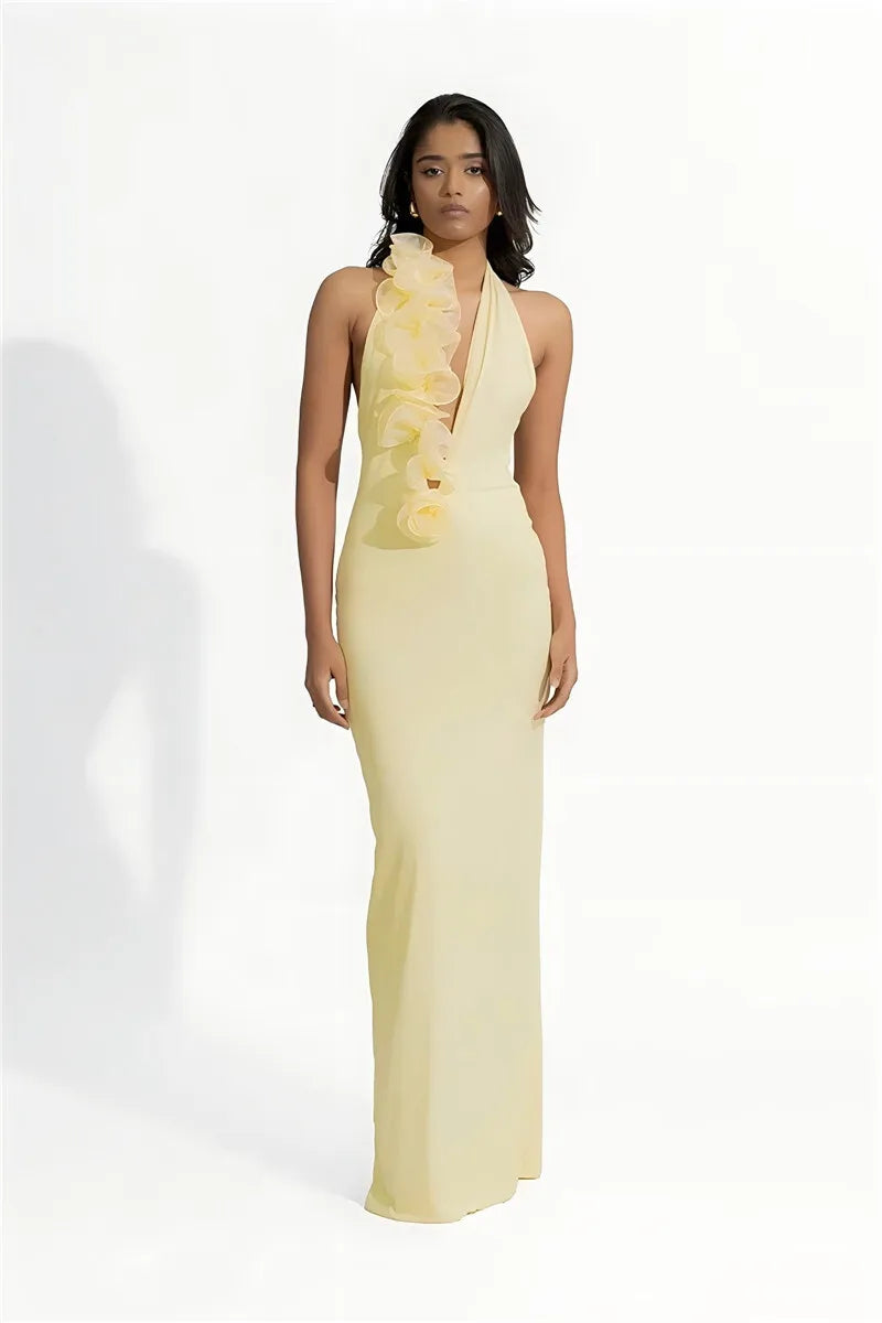 CAMINA Elegant Halter Sleeveless Backless Rose Deep V Neck Dress