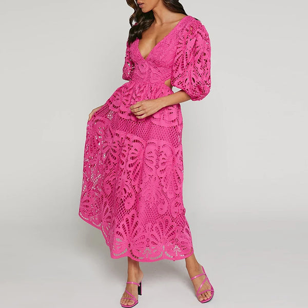 Causal Half Sleeves Deep V-neck Hollow Out Long Dress