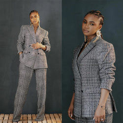 Elegant Blazer Jacket Plaid Double Breasted Office Lady
