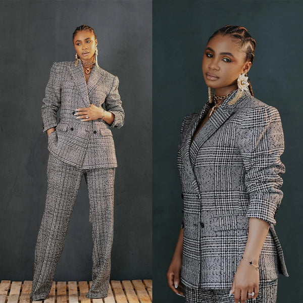 Elegant Blazer Jacket Plaid Double Breasted Office Lady