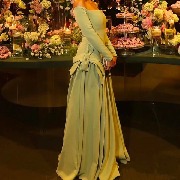 A-line Evening Floor-length Off Shoulder Full Sleeve Draped Backless Dress