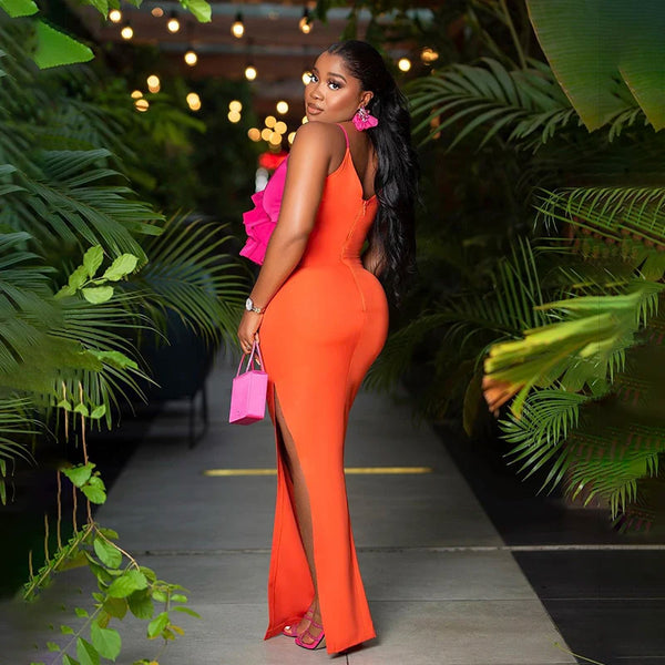 Orange Sleeveless Sexy V-Neck Ruffles Bodycon Mid-calf Bandage Dress