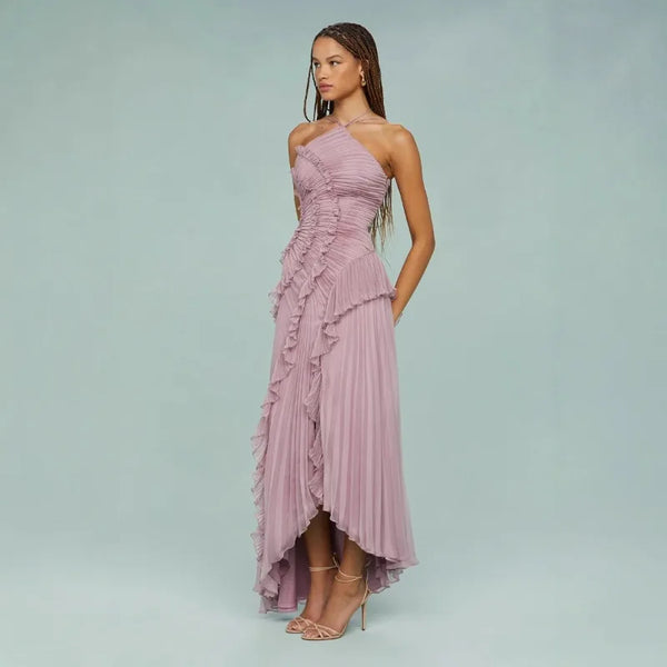 Elegant Neck Strap Ruffles A Line Lace Up Backless Dress