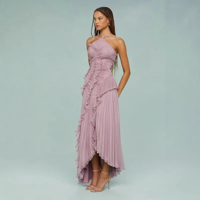 Elegant Neck Strap Ruffles A Line Lace Up Backless Dress