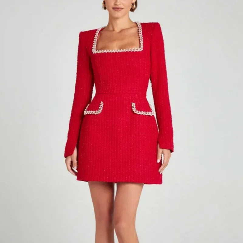 Elegant Tweed A-Line Slim Short Sleeve Retro O-Neck Patchwork Dress