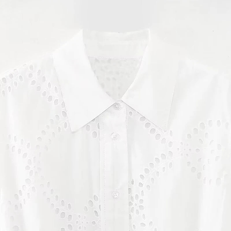 White Embroidery Single Breasted Midi Vintage Lapel Neck Long Sleeves Dress with Belt