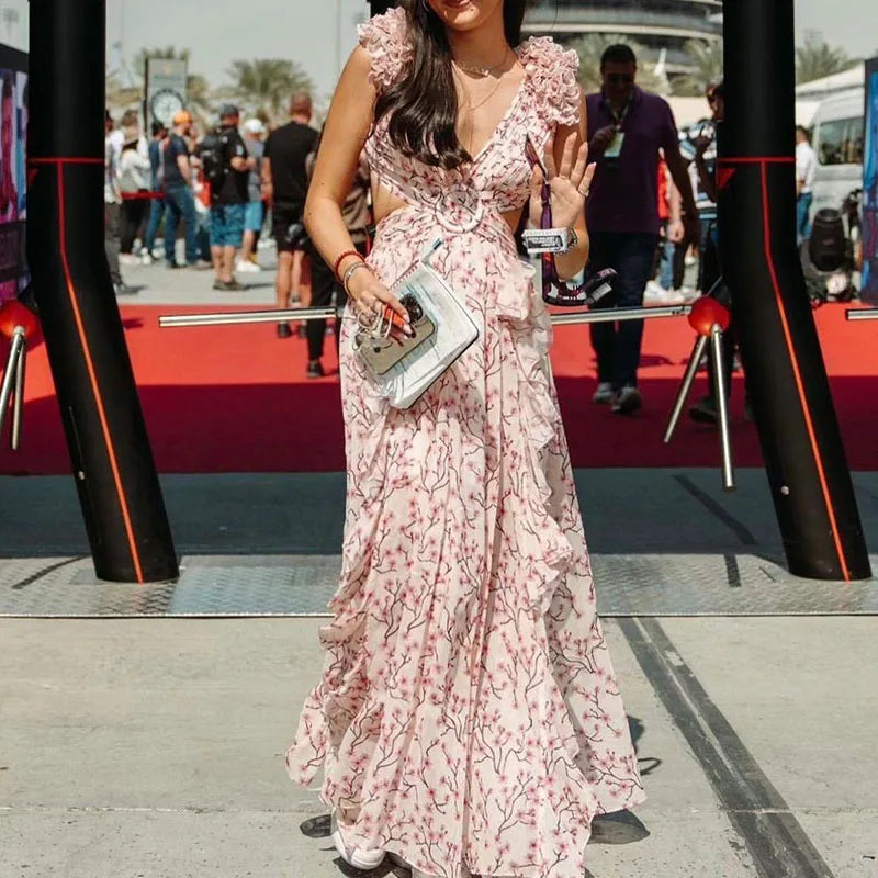 Elegant Floral Shoulder Deep V-neck Long Waist Ruffle Dress
