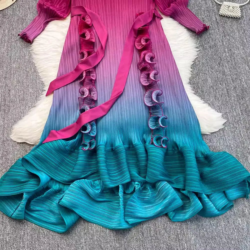 Ruffles Splice Gradient Color Pleated Dresses