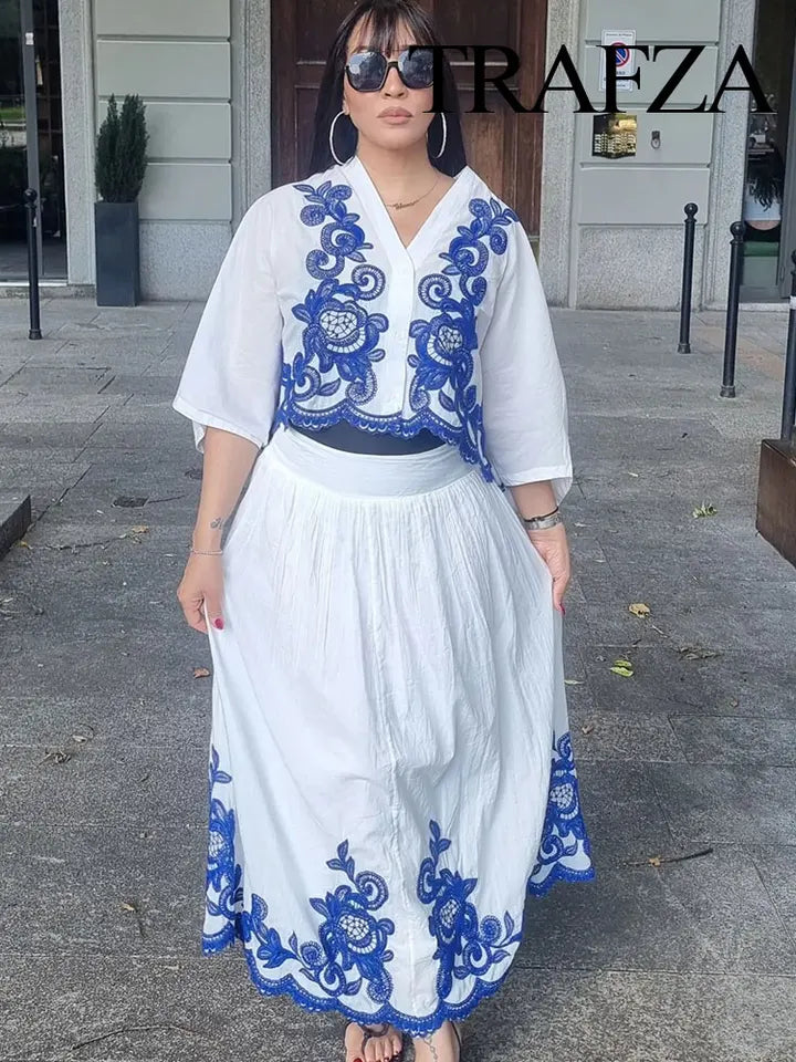 TRAFZA 2-piece Set of Blue Embroidered Single-breasted Loose Shirt + Chic High-waisted Loose Pleated Street Skirt Suit