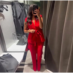 Sleeveless Lace Up V-Neck Vest Top Pleat Zip High Waist