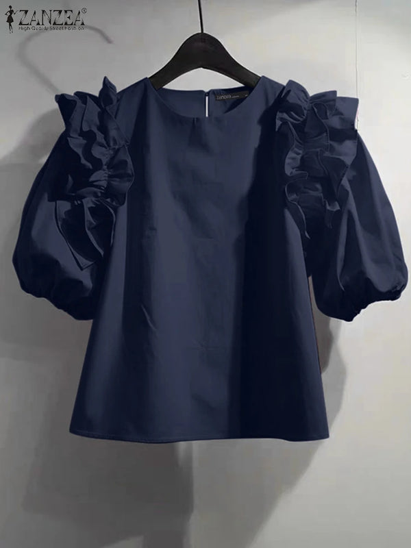 Vintage Ruffle Patchwork Tunic Puff Short Sleeve Tops