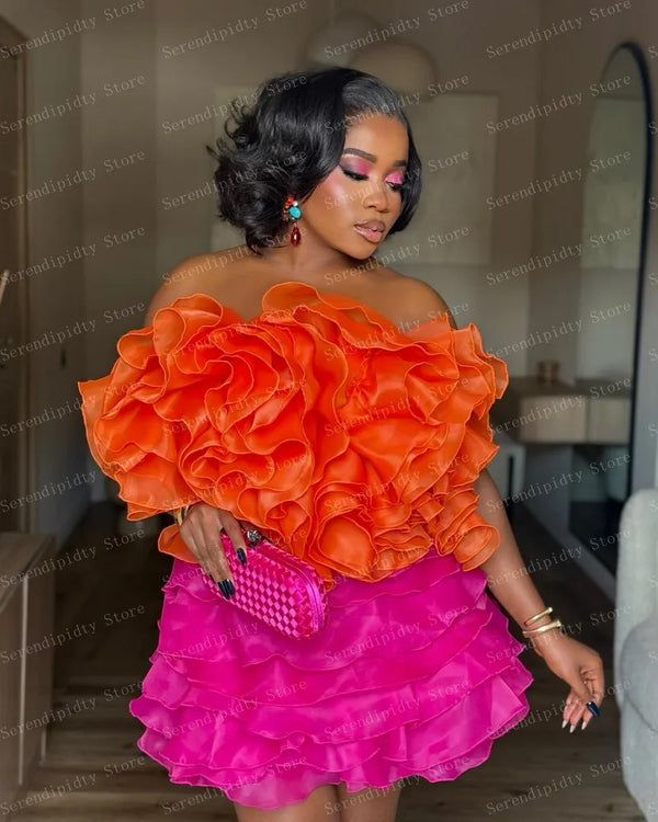 Strapless Mini Length Organza Dress Orange Pink Ruffled Layered