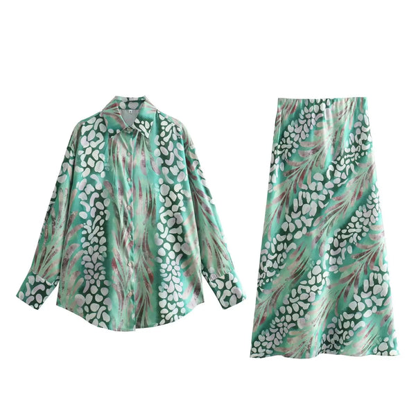 Print Satin Top and Skirt Zipper High Waist