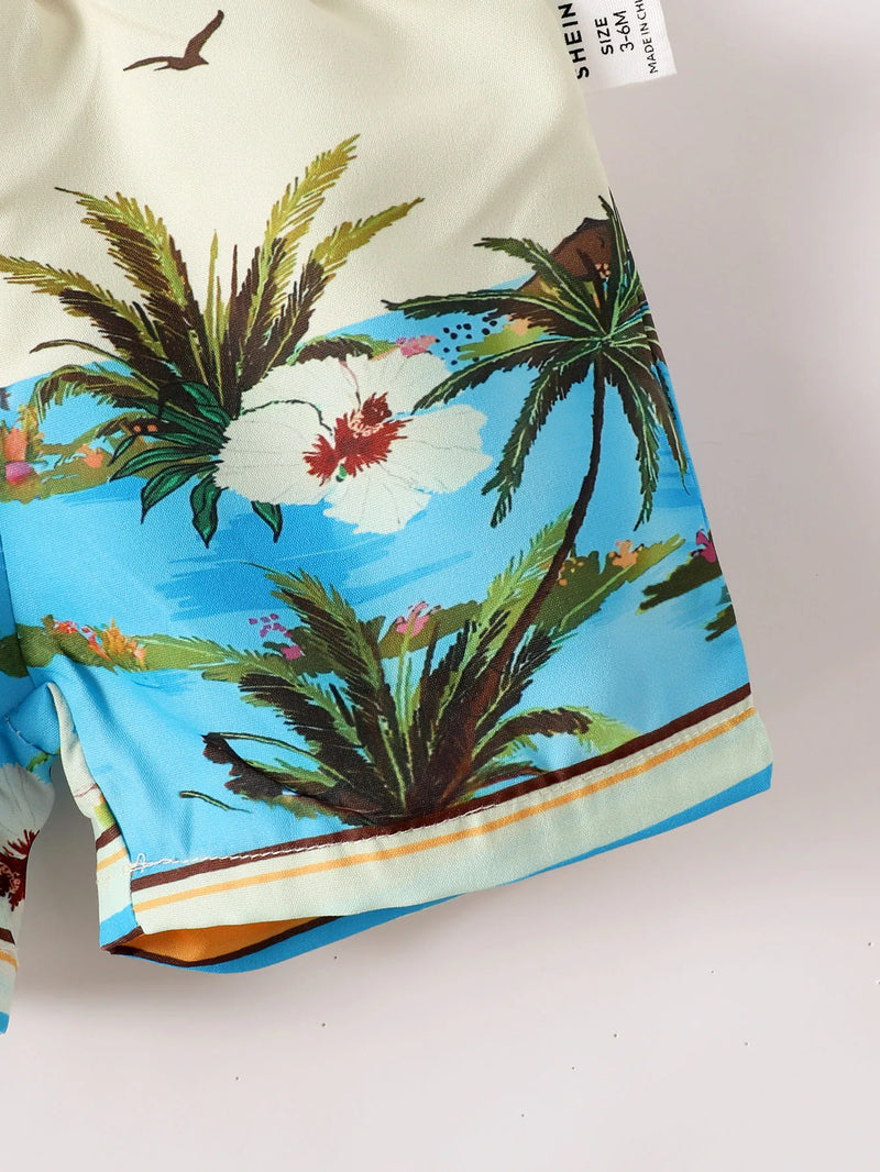 Polo Collar Color Contrast Plant Leaf Print Short Sleeve Loose Pants