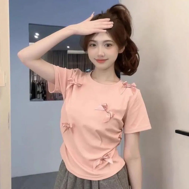 Elegant Ballet Bowknot T Shirts Round Collar