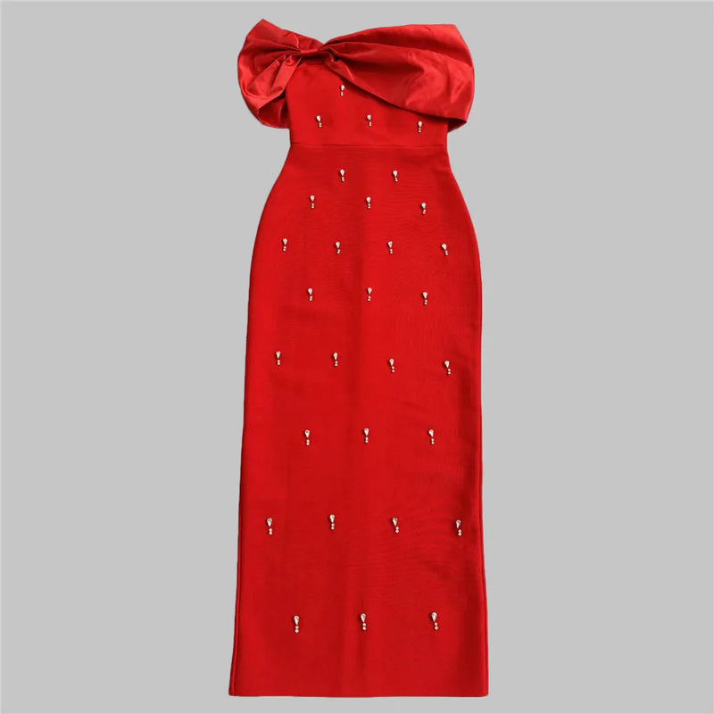 Elegant Beading Bandage Off Shoulder Patchwork Bodycon Dress