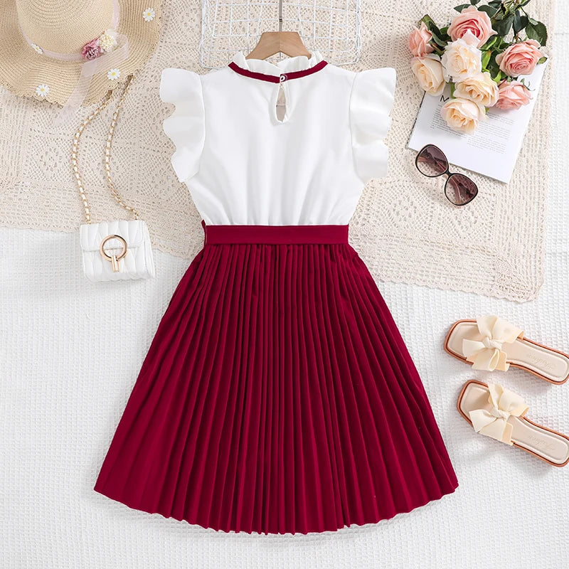 Elegant White Petal Sleeves Pleated Khaki Skirt &Bow tie Preppy